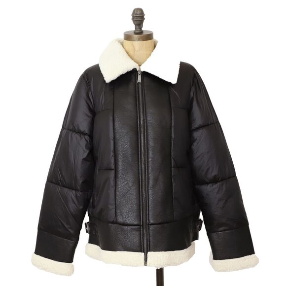 ANDREW MARC SPORT Mixed Puffer Jacket M Faux Leather Sherpa Trim Black NWT A1 - Picture 2 of 6